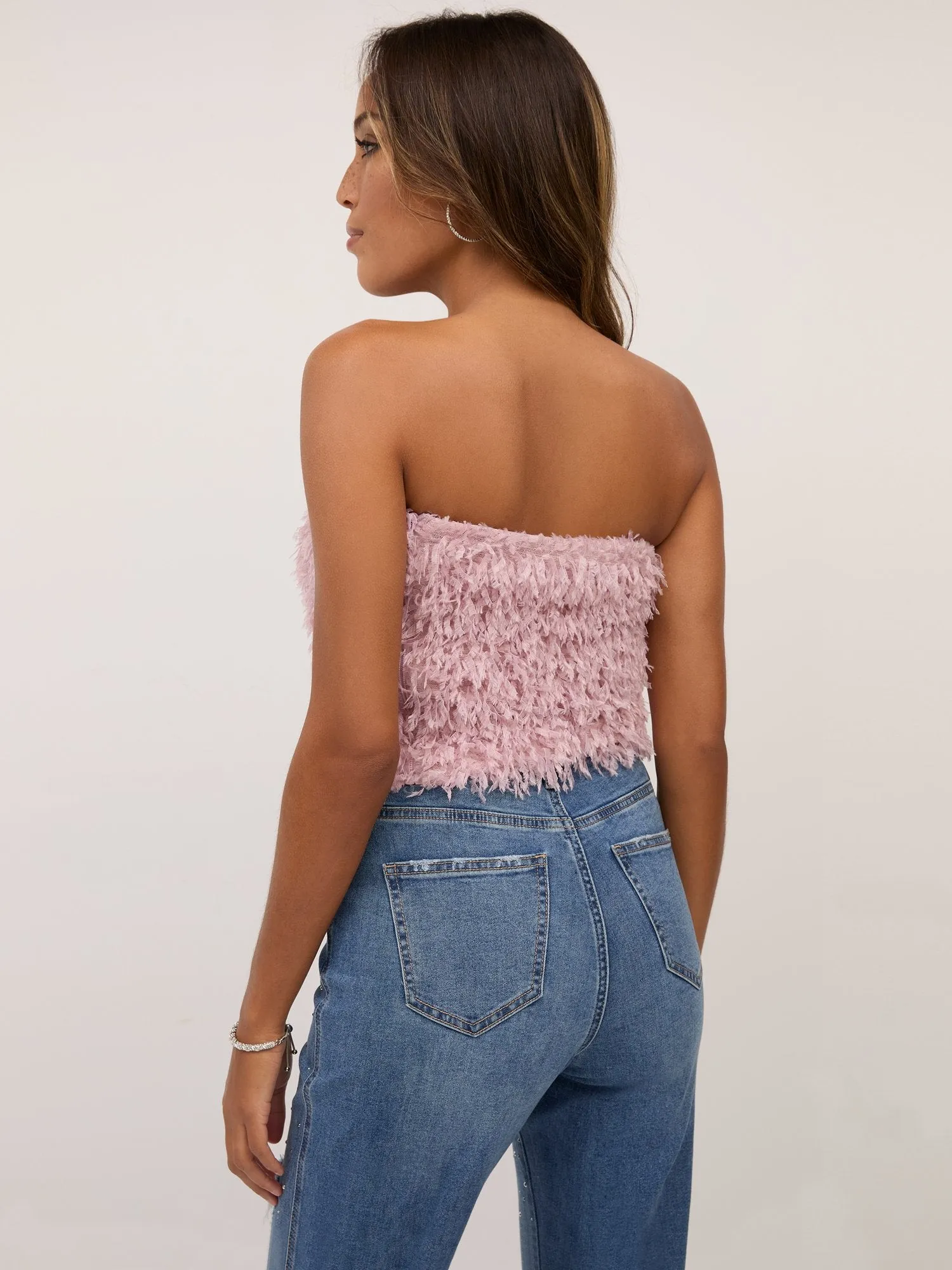 Feather-Embellished Strapless Top