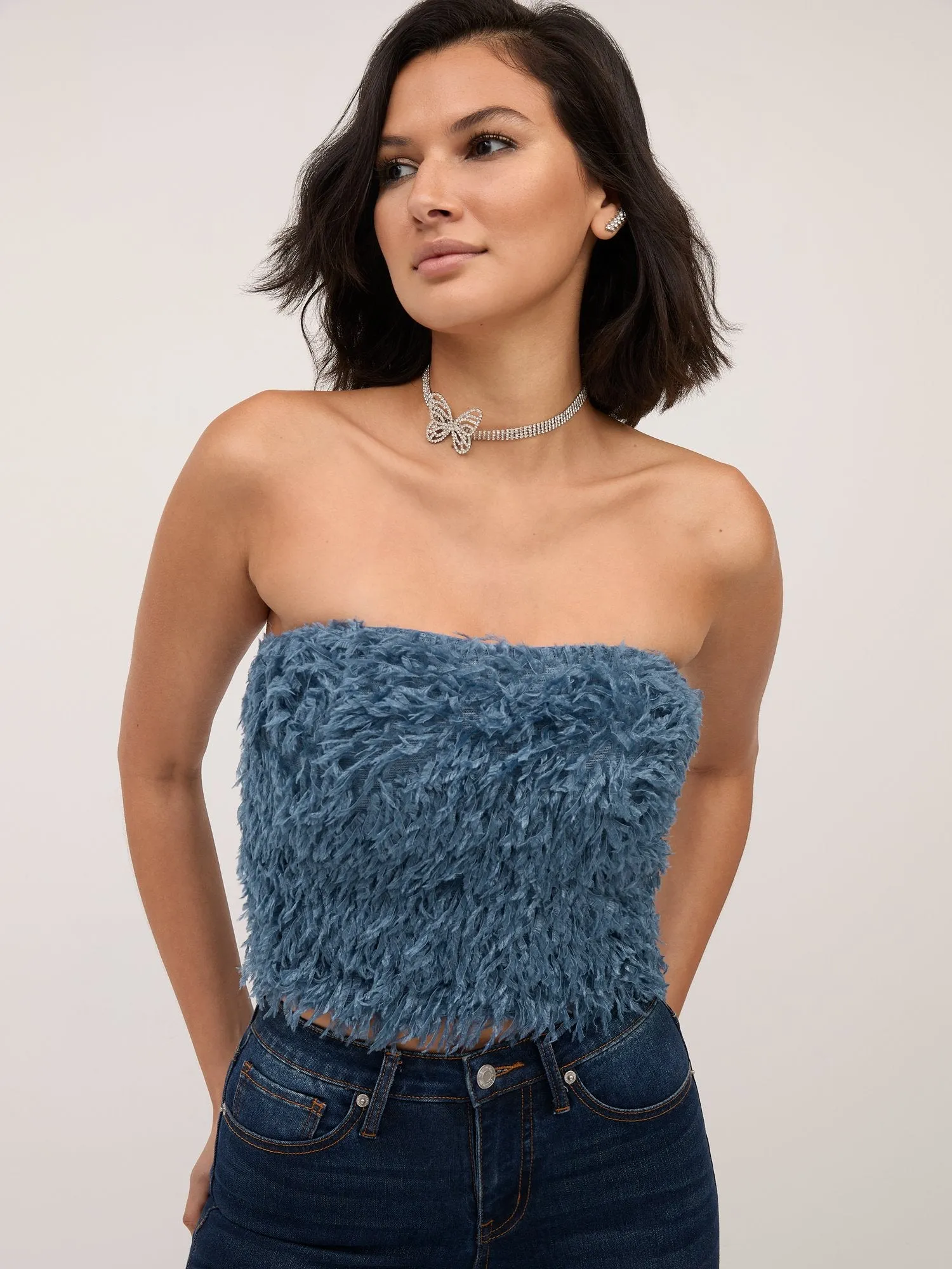 Feather-Embellished Strapless Top
