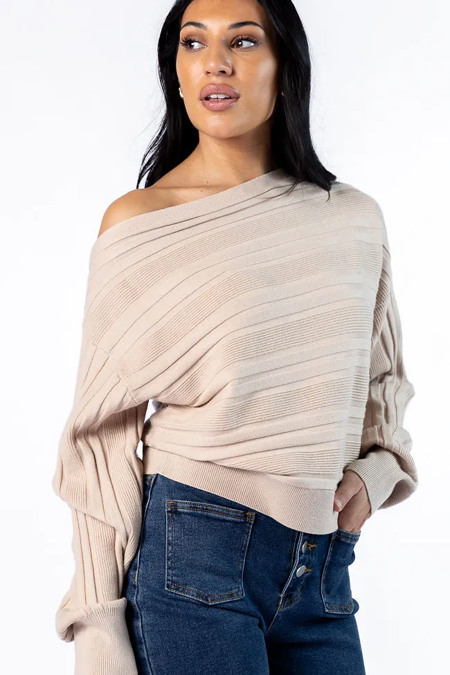 Feels Right Beige Off The Shoulder Ribbed Sweater SALE