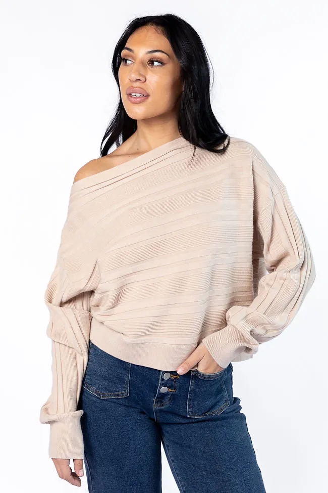 Feels Right Beige Off The Shoulder Ribbed Sweater SALE