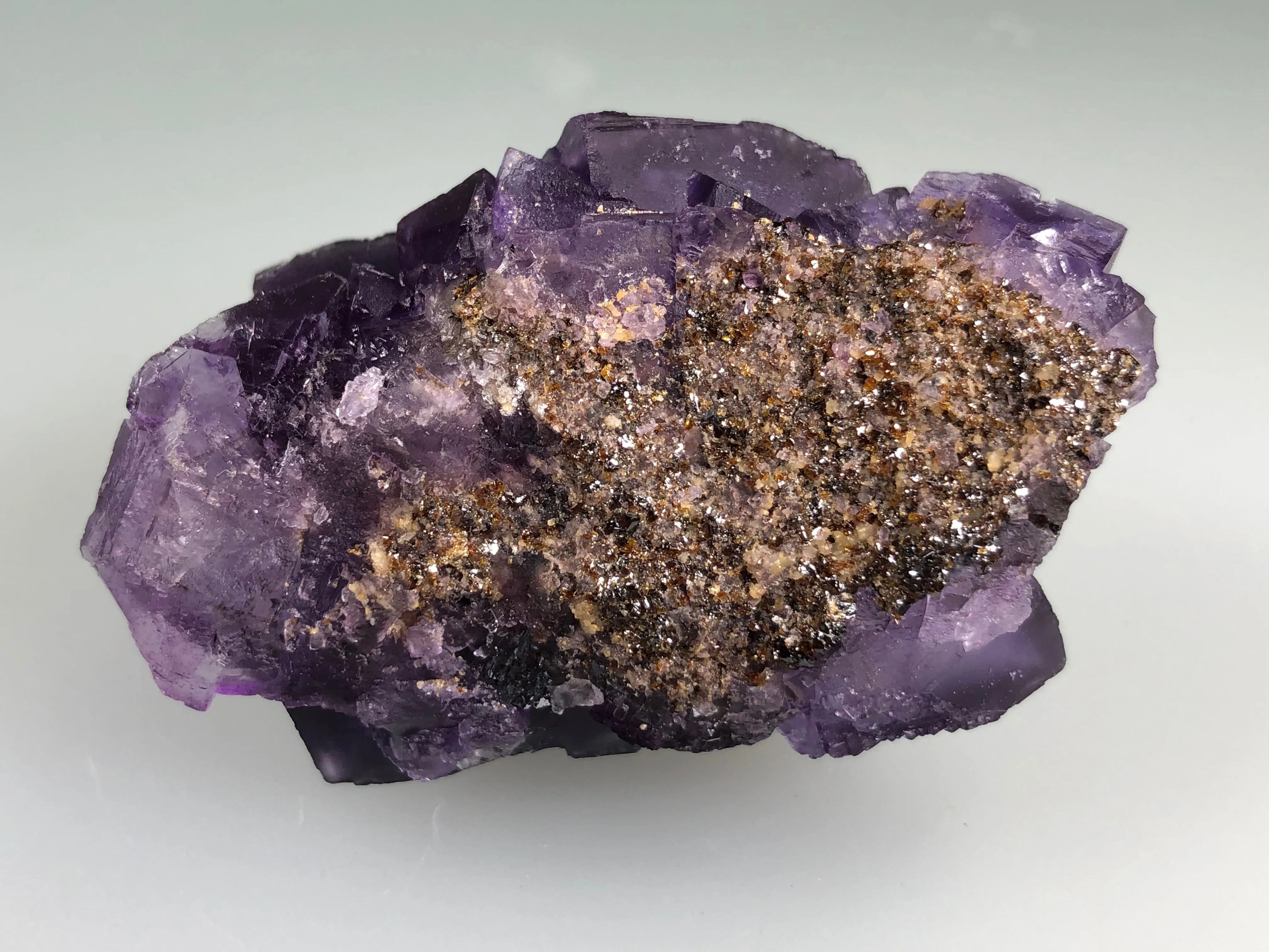 Fluorite on Sphalerite, Denton Mine attr., Ozark-Mahoning Company, Harris Creek District attr., Southern Illinois, Mined c. late 1980’s, ex. Roy Smith Collection, Miniature, 2.7 x 3.5 x 5.8 cm, $200. Online Nov. 21.