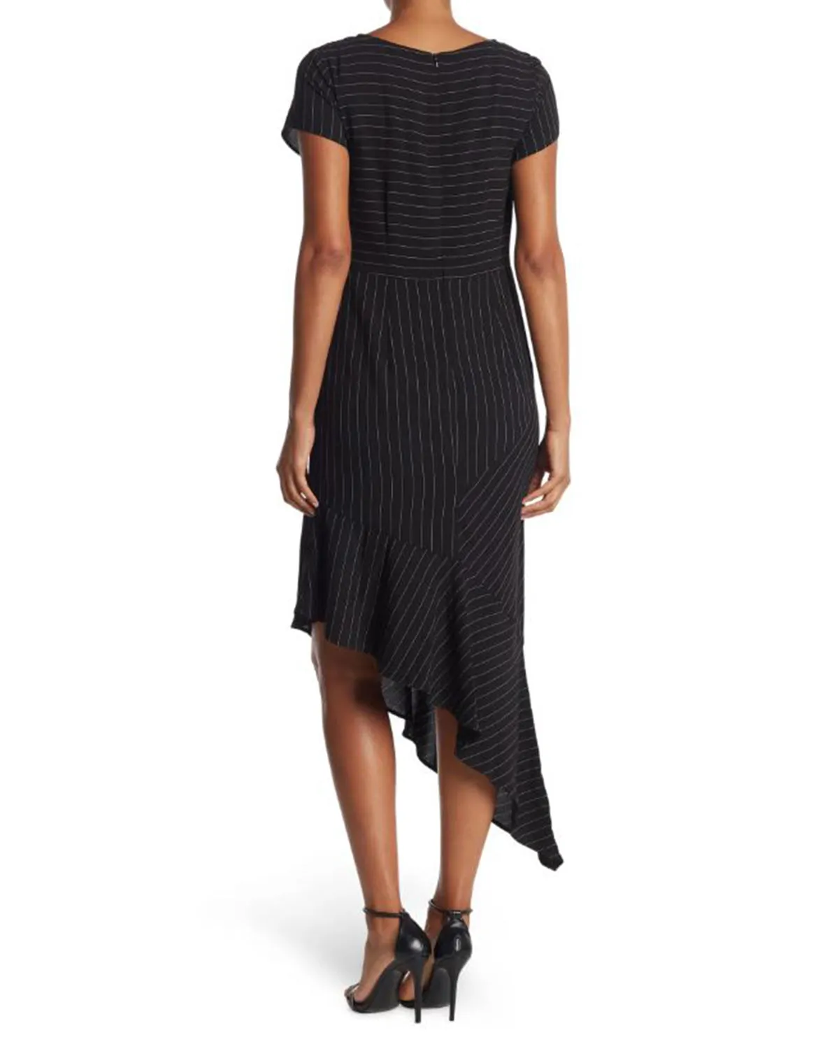 FOCUS by Shani — Pinstripe Asymmetrical Ruffle Hem Dress in Black