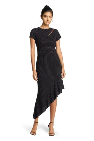 FOCUS by Shani — Pinstripe Asymmetrical Ruffle Hem Dress in Black