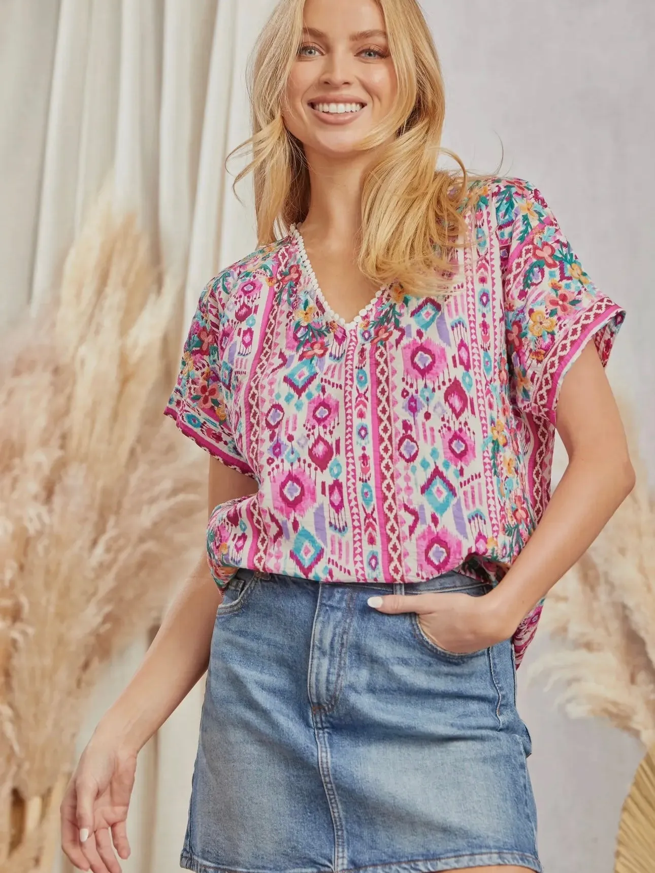 Forgotten Oasis Embroidery Top: Pink Mix