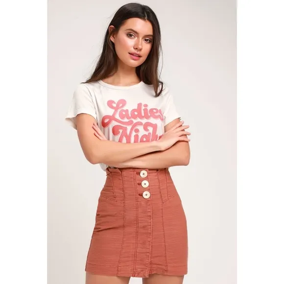 FREE PEOPLE Every Minute Every Hour Terra Cotta Button-Up Mini Skirt Noble Adobe