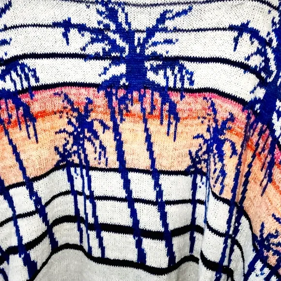 Free People Palm Breeze Graphic Gray &amp; Blue Long Sleeve Cotton Sweater Sz Small