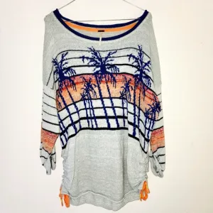 Free People Palm Breeze Graphic Gray &amp; Blue Long Sleeve Cotton Sweater Sz Small
