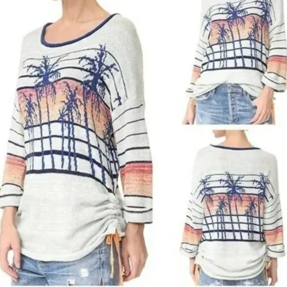Free People Palm Breeze Graphic Gray &amp; Blue Long Sleeve Cotton Sweater Sz Small