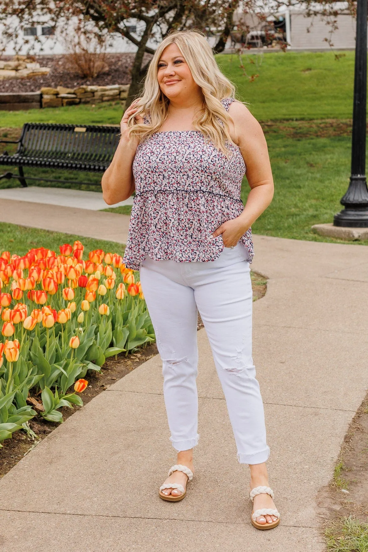 Freedom Blooms Floral Tank- Navy