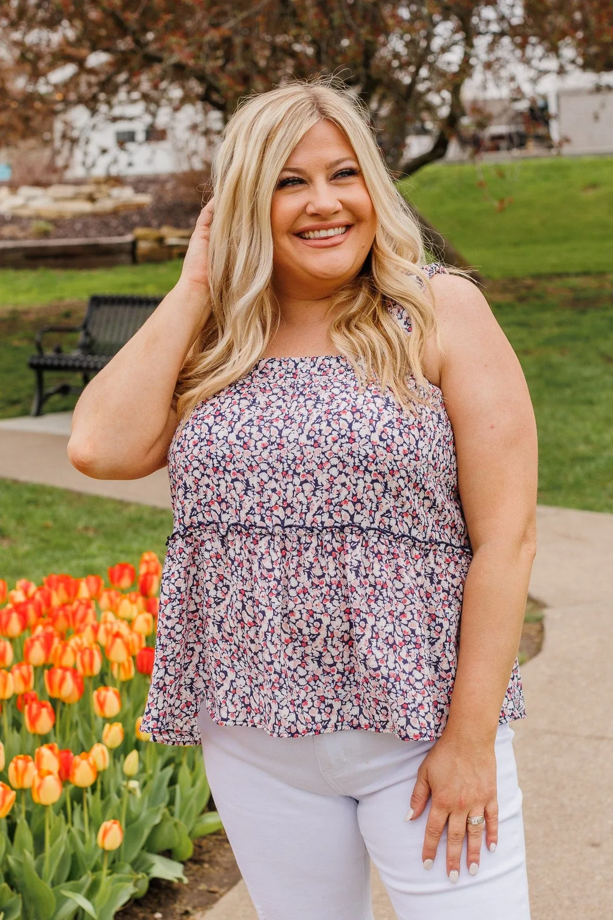 Freedom Blooms Floral Tank- Navy