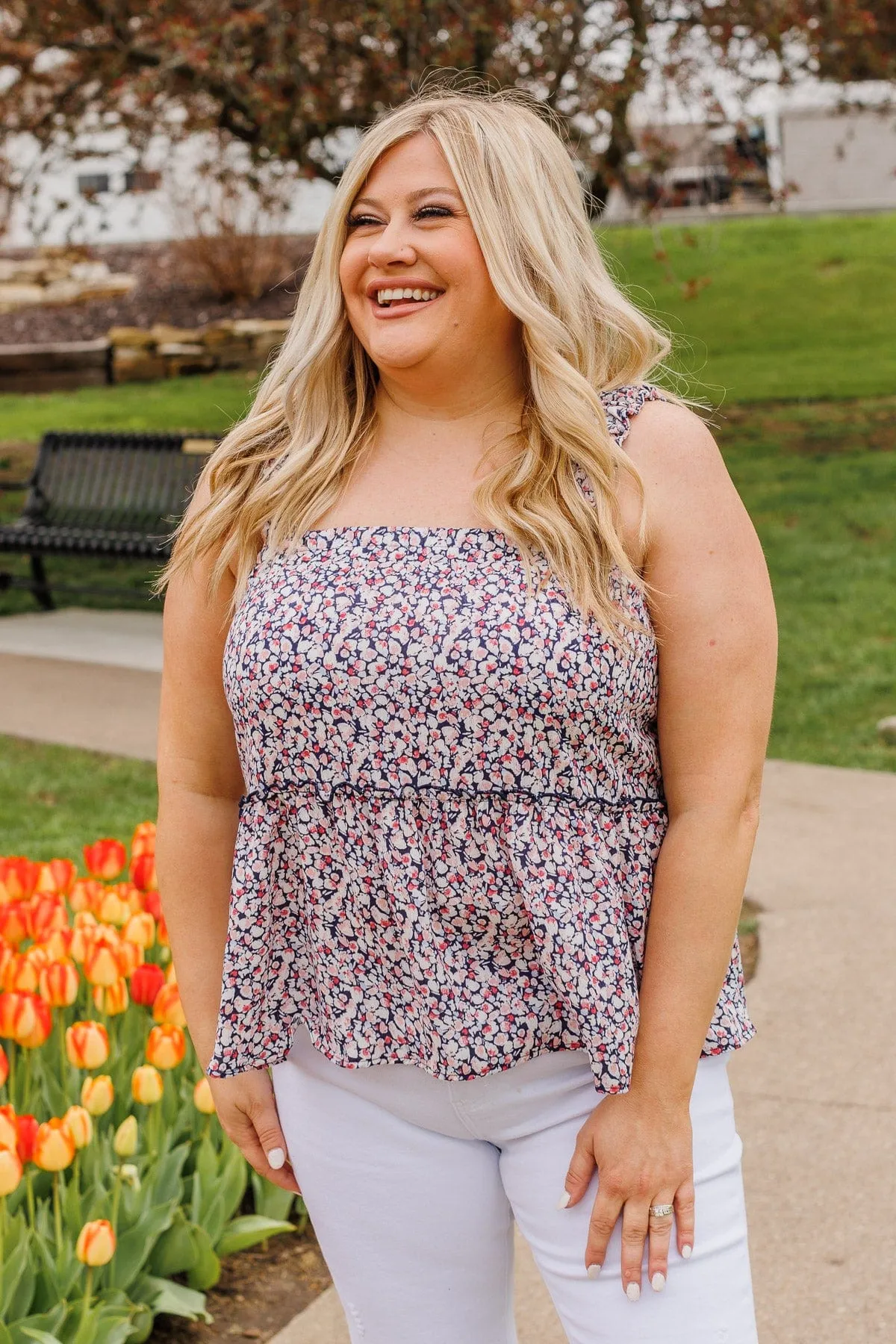 Freedom Blooms Floral Tank- Navy
