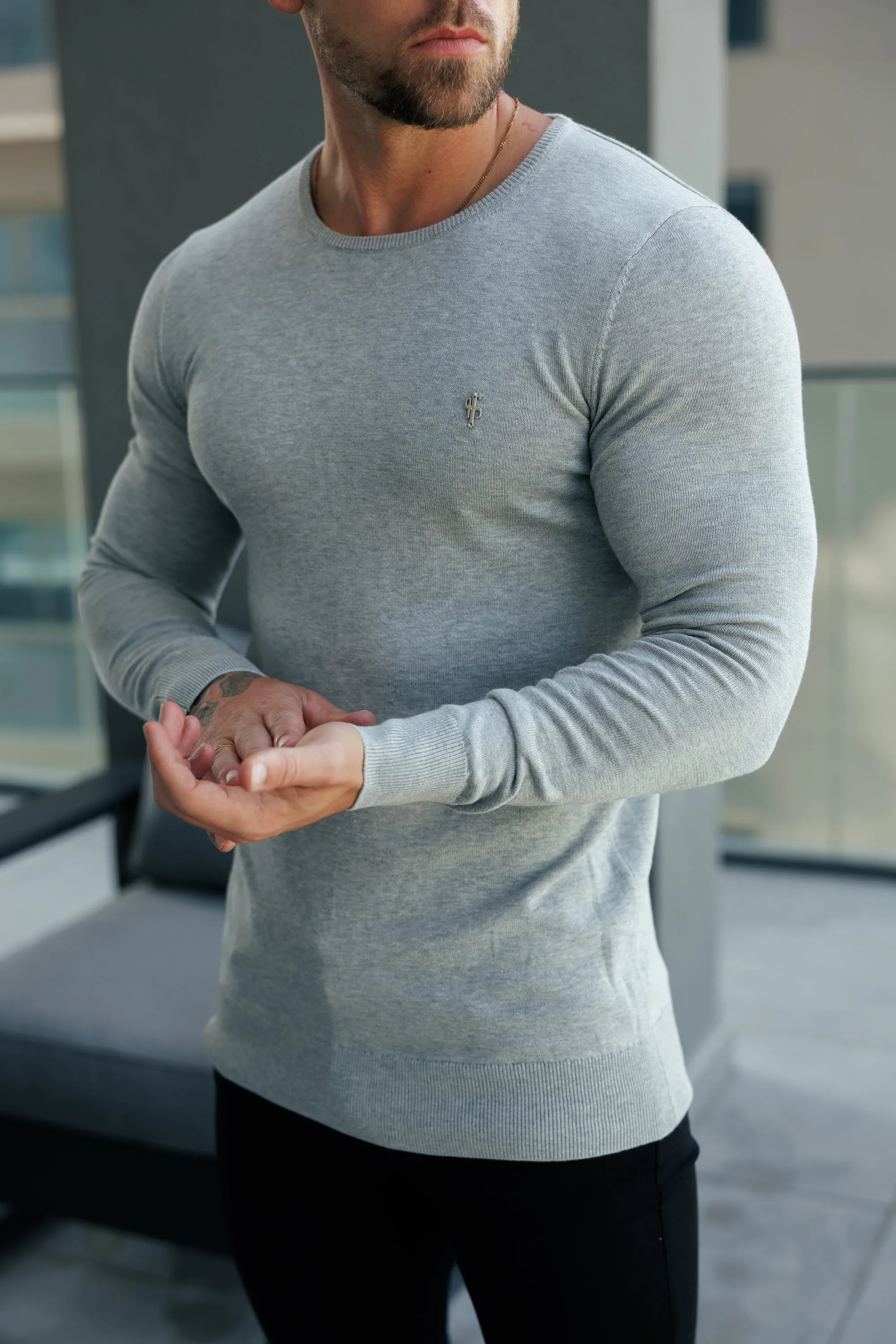FS Light Grey Crew Neck Knitted Jumper With FS Branding - FSN199