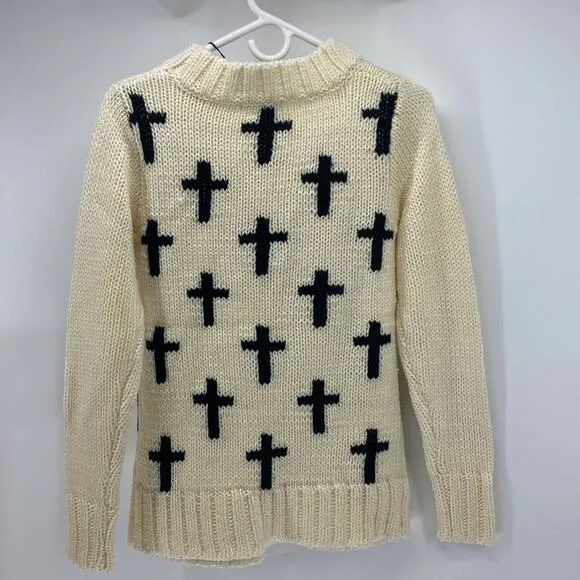 Glamorous cream black cross mock neck wool blend longline sweater fall oversized