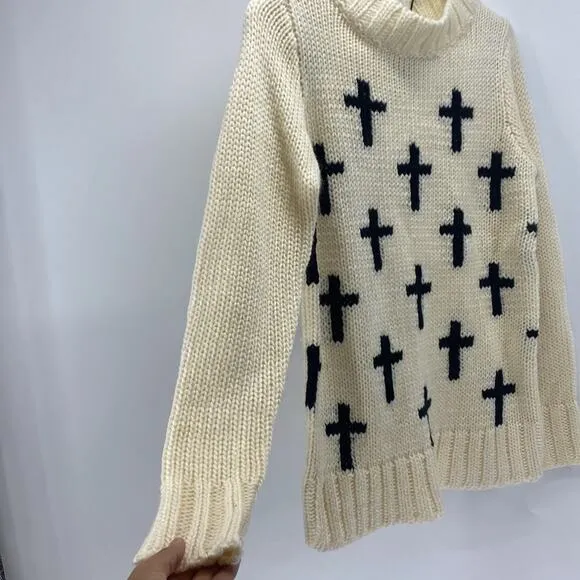 Glamorous cream black cross mock neck wool blend longline sweater fall oversized
