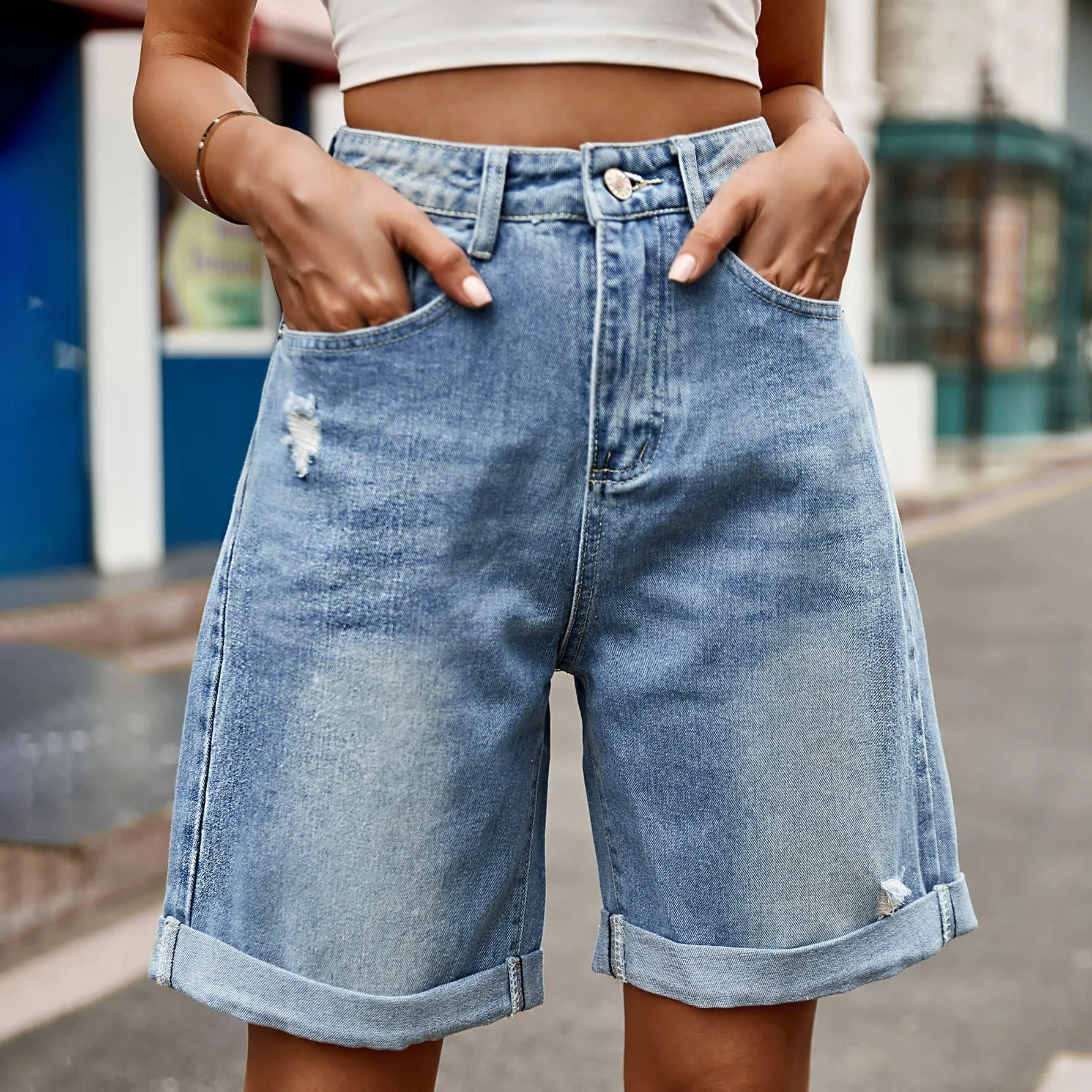 Hazel Blues® |  Distressed Buttoned Denim Shorts with Pockets