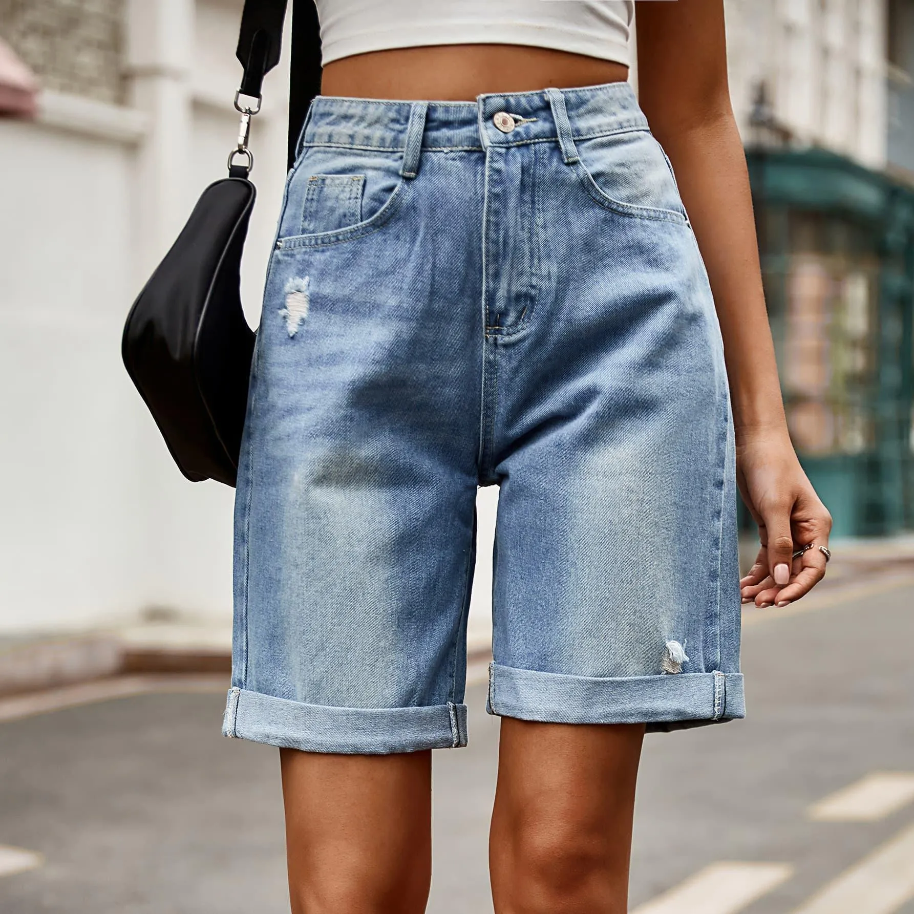 Hazel Blues® |  Distressed Buttoned Denim Shorts with Pockets
