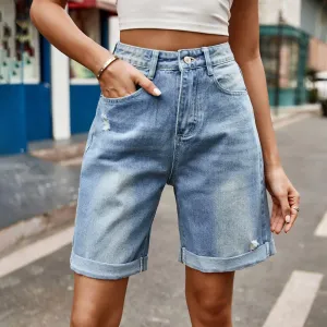 Hazel Blues® |  Distressed Buttoned Denim Shorts with Pockets