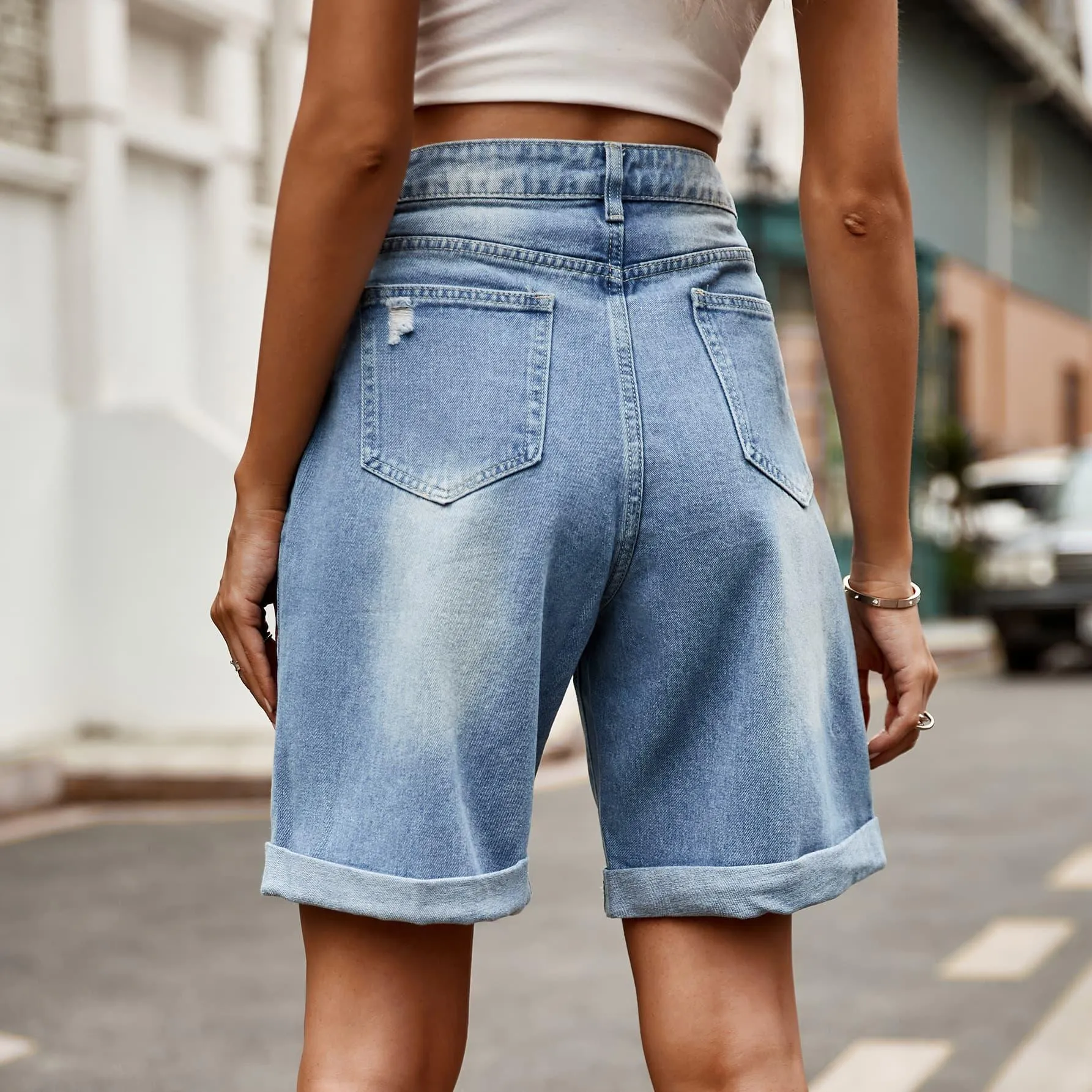 Hazel Blues® |  Distressed Buttoned Denim Shorts with Pockets
