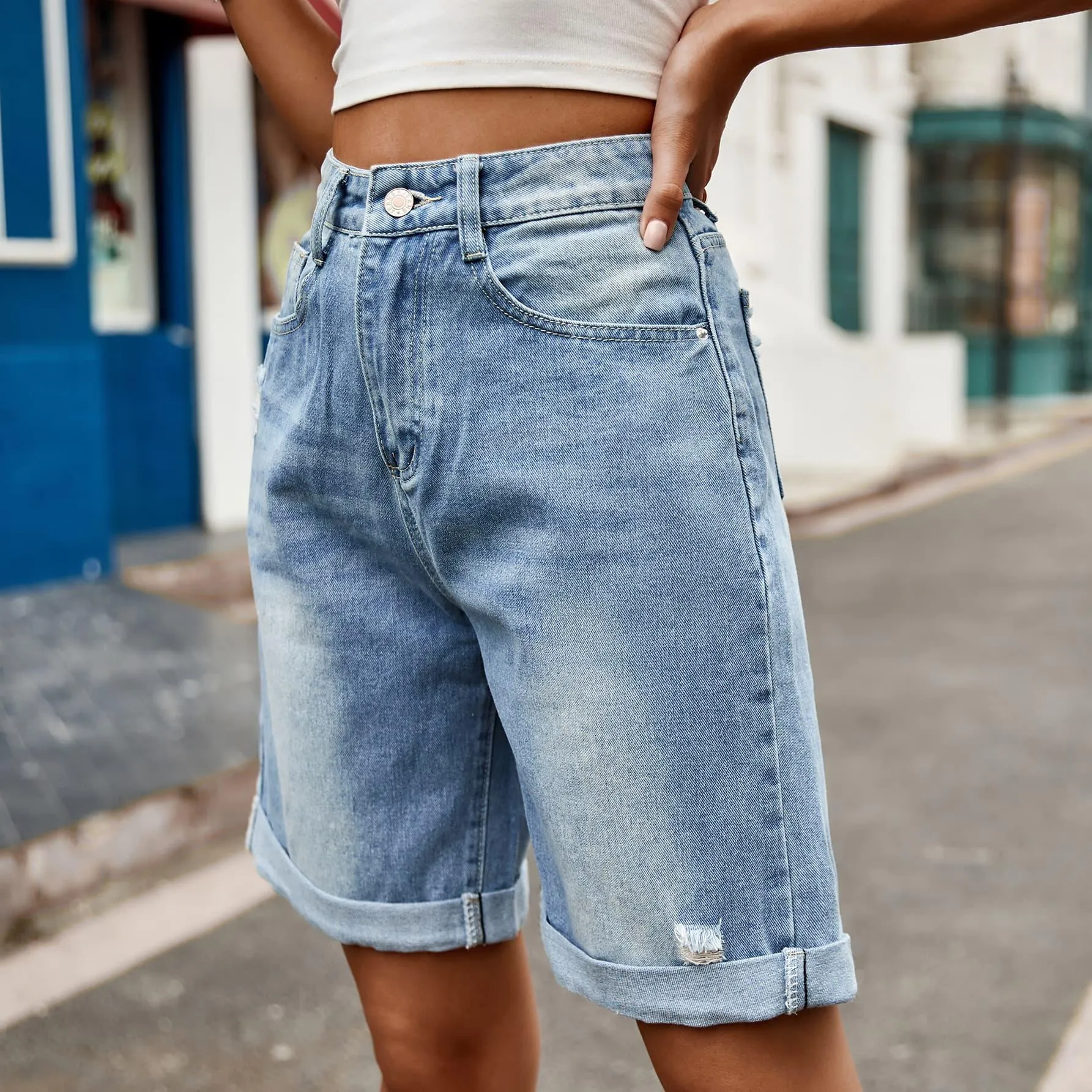 Hazel Blues® |  Distressed Buttoned Denim Shorts with Pockets