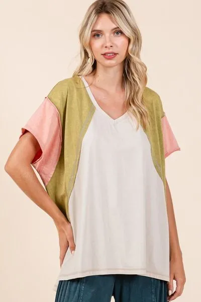 Hazel Blues® |  Mittoshop Color Block V-Neck Short Sleeve T-Shirt