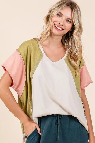 Hazel Blues® |  Mittoshop Color Block V-Neck Short Sleeve T-Shirt