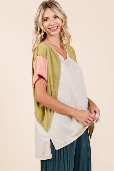 Hazel Blues® |  Mittoshop Color Block V-Neck Short Sleeve T-Shirt