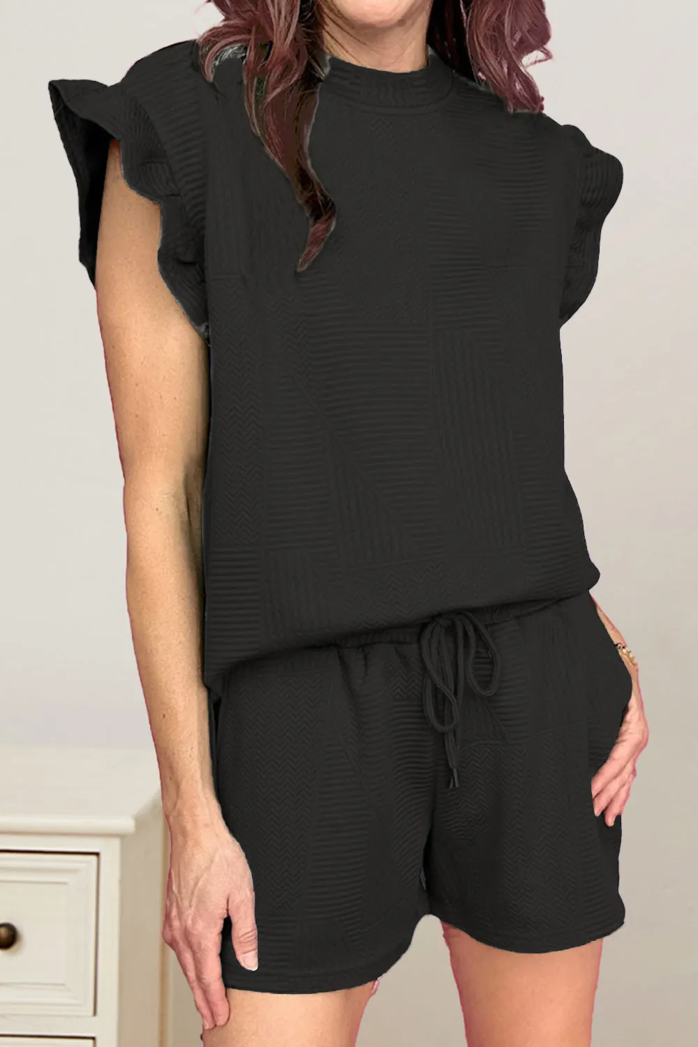 Hazel Blues® |  Slit Round Neck Top and Drawstring Shorts Set