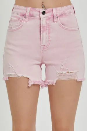 High Rise Pink Distressed Denim Shorts