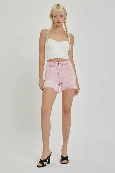 High Rise Pink Distressed Denim Shorts