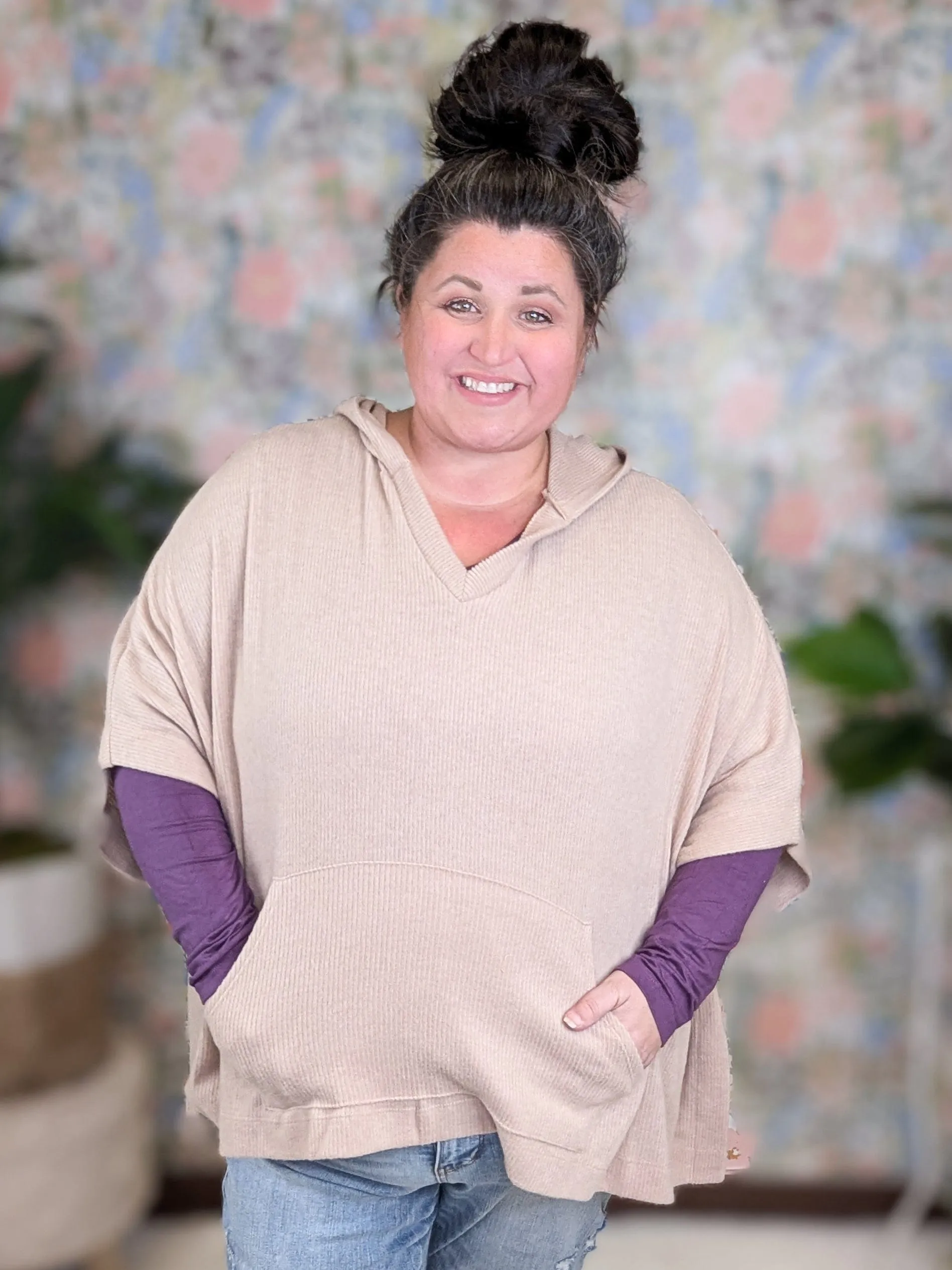 Hilton Brushed Rib Boxy Pullover w/Hood in Beige