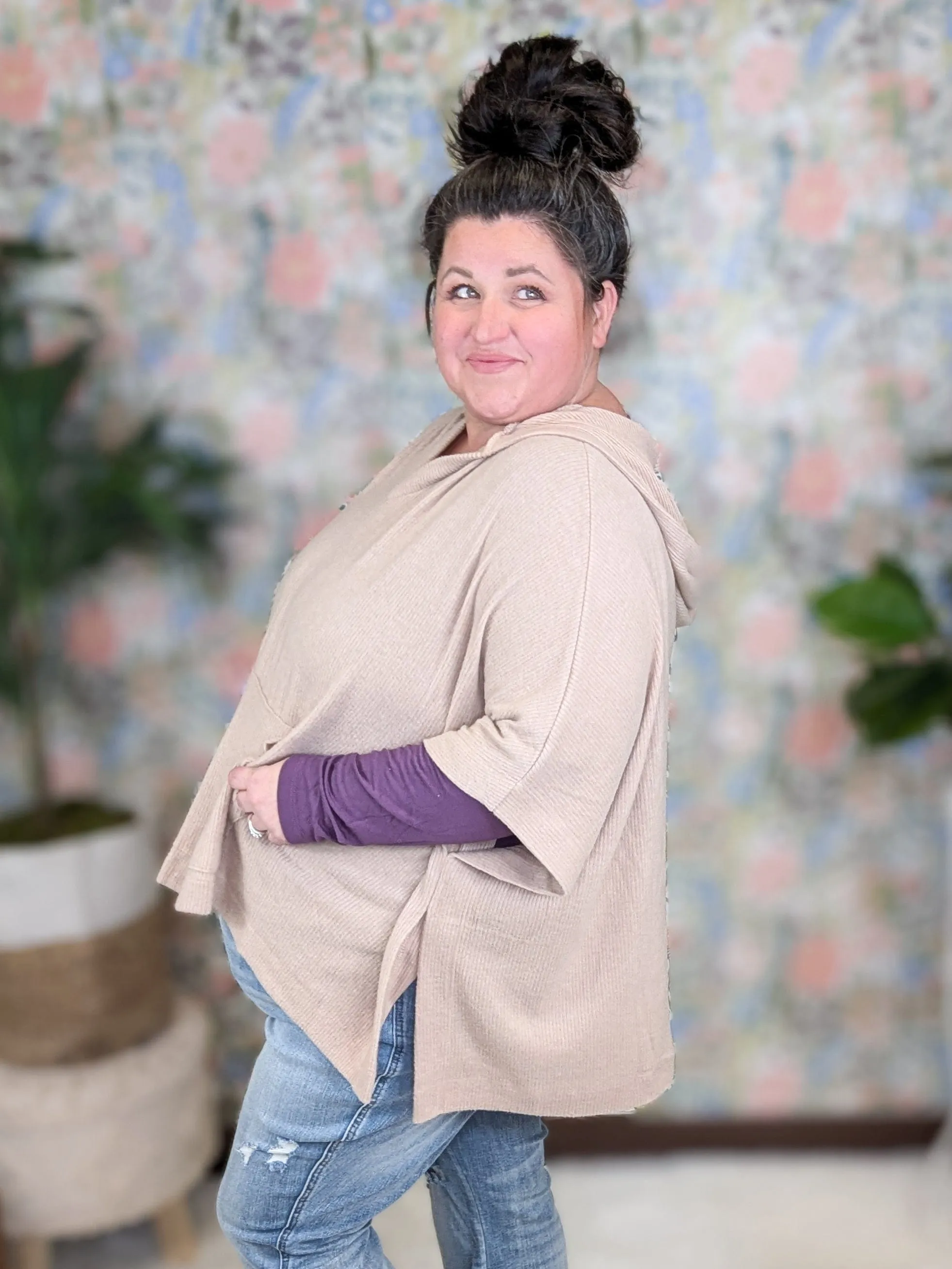 Hilton Brushed Rib Boxy Pullover w/Hood in Beige