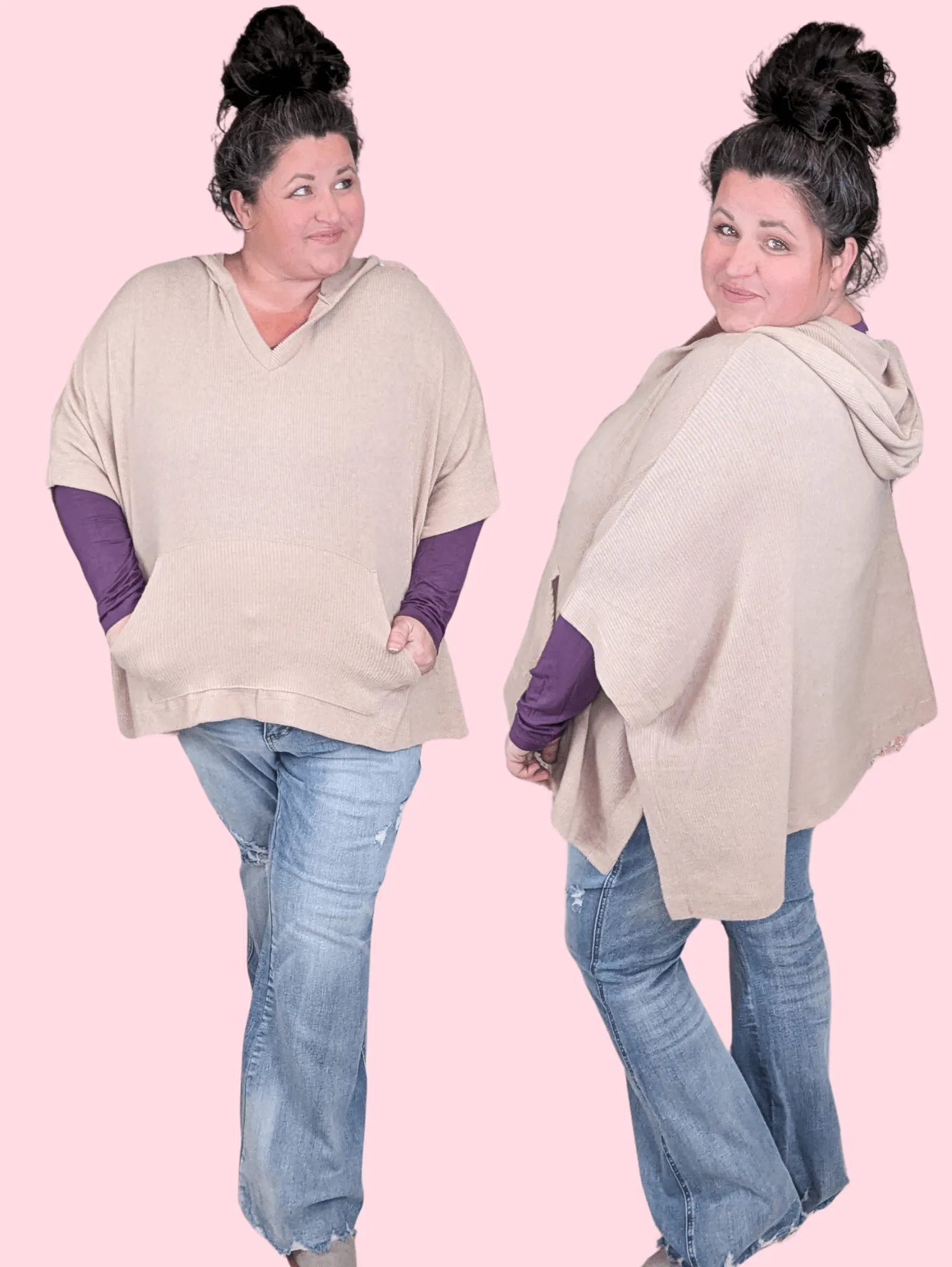 Hilton Brushed Rib Boxy Pullover w/Hood in Beige