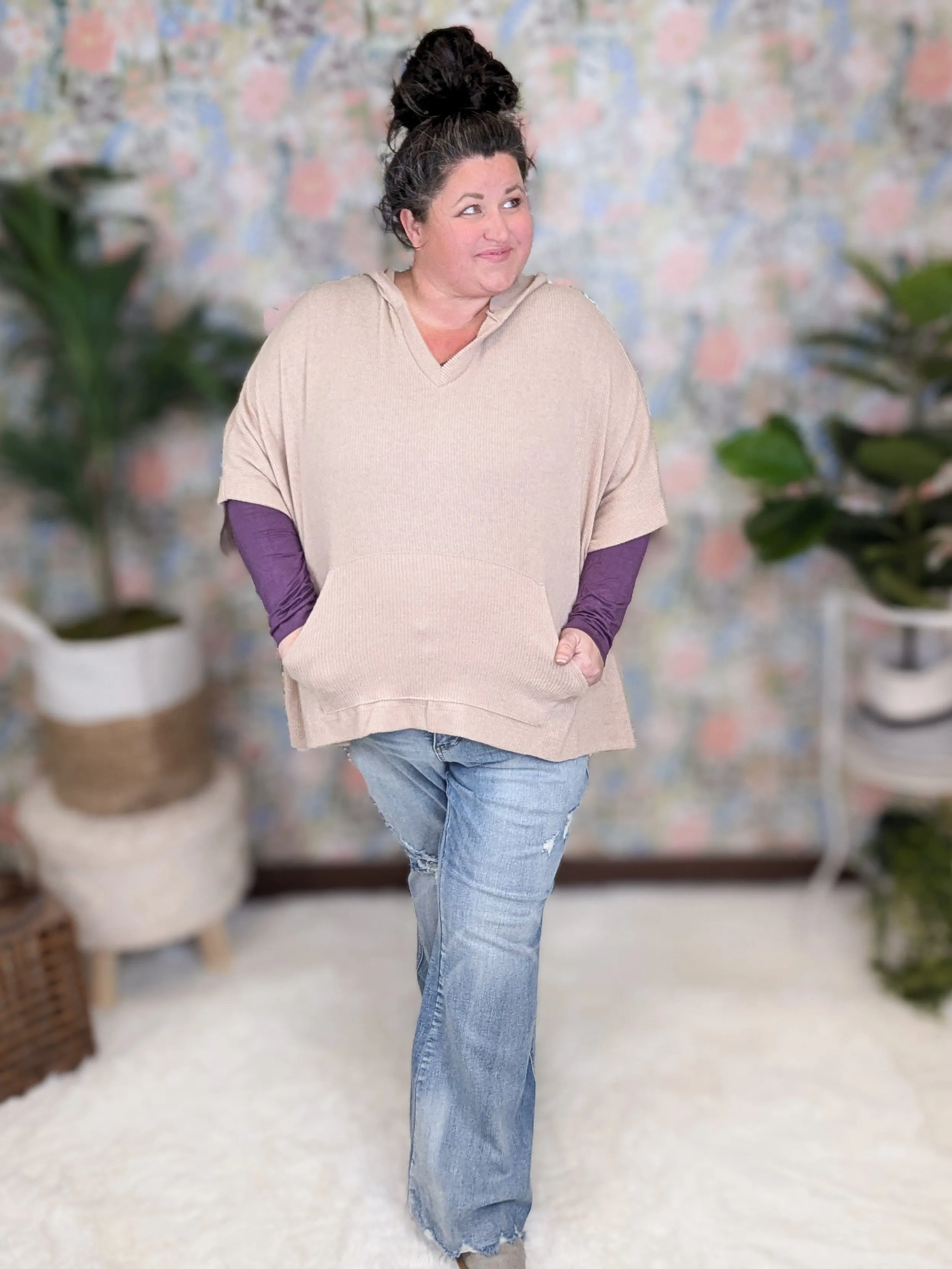 Hilton Brushed Rib Boxy Pullover w/Hood in Beige