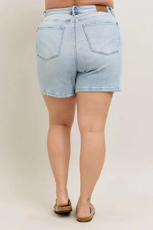 Judy Blue Frayed Hem High Rise Denim Shorts with Pockets Plus Size
