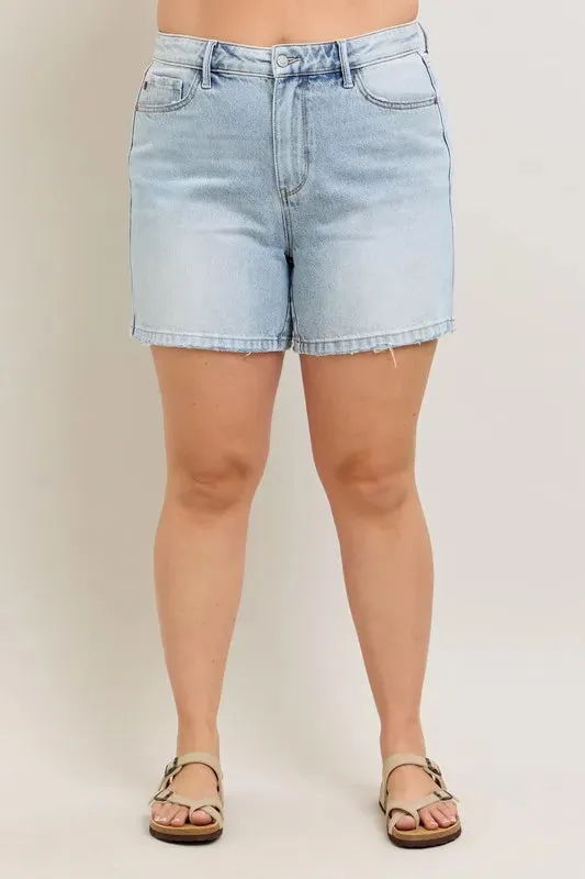 Judy Blue Frayed Hem High Rise Denim Shorts with Pockets Plus Size