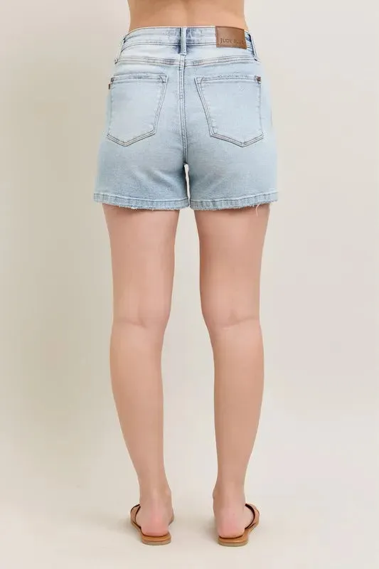 Judy Blue Frayed Hem High Rise Denim Shorts with Pockets Plus Size
