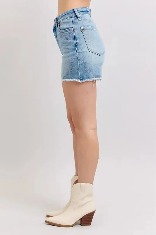Judy Blue Full Size High Waist Western Embroidery Detail Cut Off Denim Shorts Plus Size
