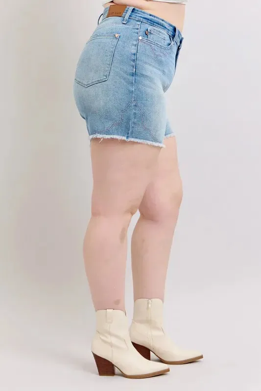 Judy Blue Full Size High Waist Western Embroidery Detail Cut Off Denim Shorts Plus Size