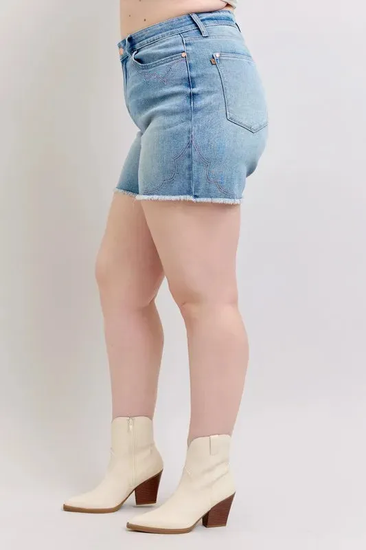 Judy Blue Full Size High Waist Western Embroidery Detail Cut Off Denim Shorts Plus Size