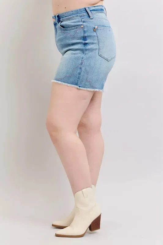Judy Blue Full Size High Waist Western Embroidery Detail Cut Off Denim Shorts Plus Size
