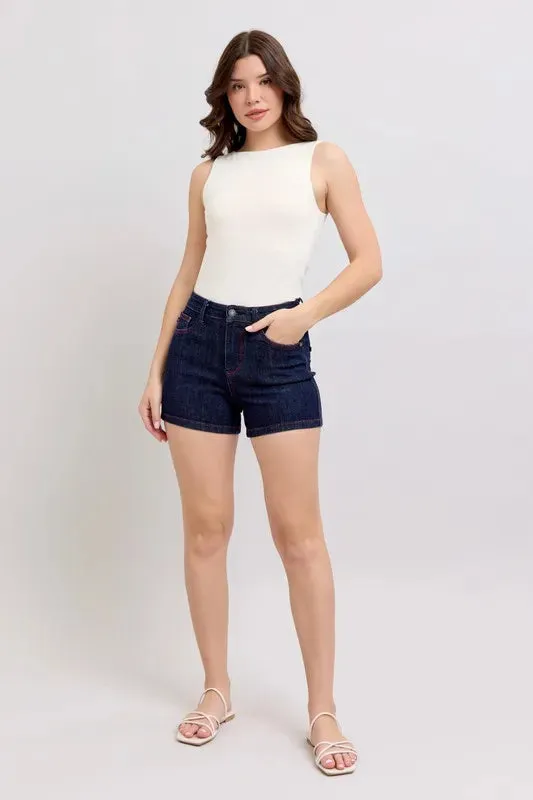 Judy Blue High Waist Heart Shaped Pkts & Red Contrast Thread Denim Shorts