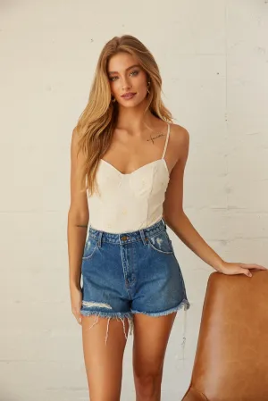 Layla Distressed Denim High-Rise Duster Shorts in Ashley Blue
