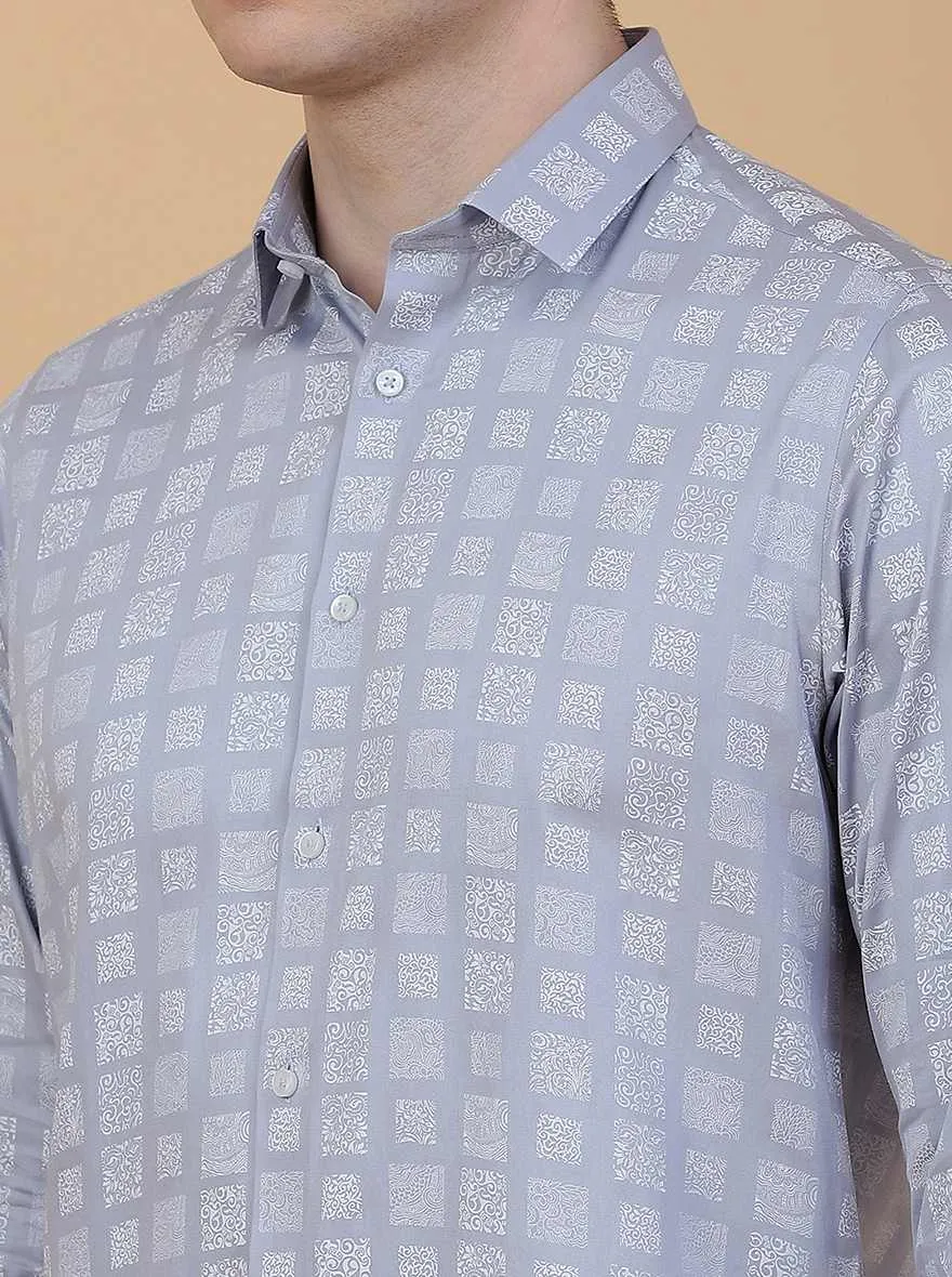 Light Blue Printed Slim Fit Party Wear Shirt | Greenfibre