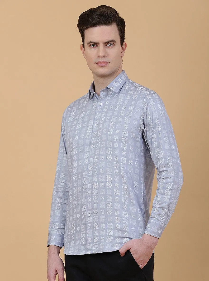 Light Blue Printed Slim Fit Party Wear Shirt | Greenfibre