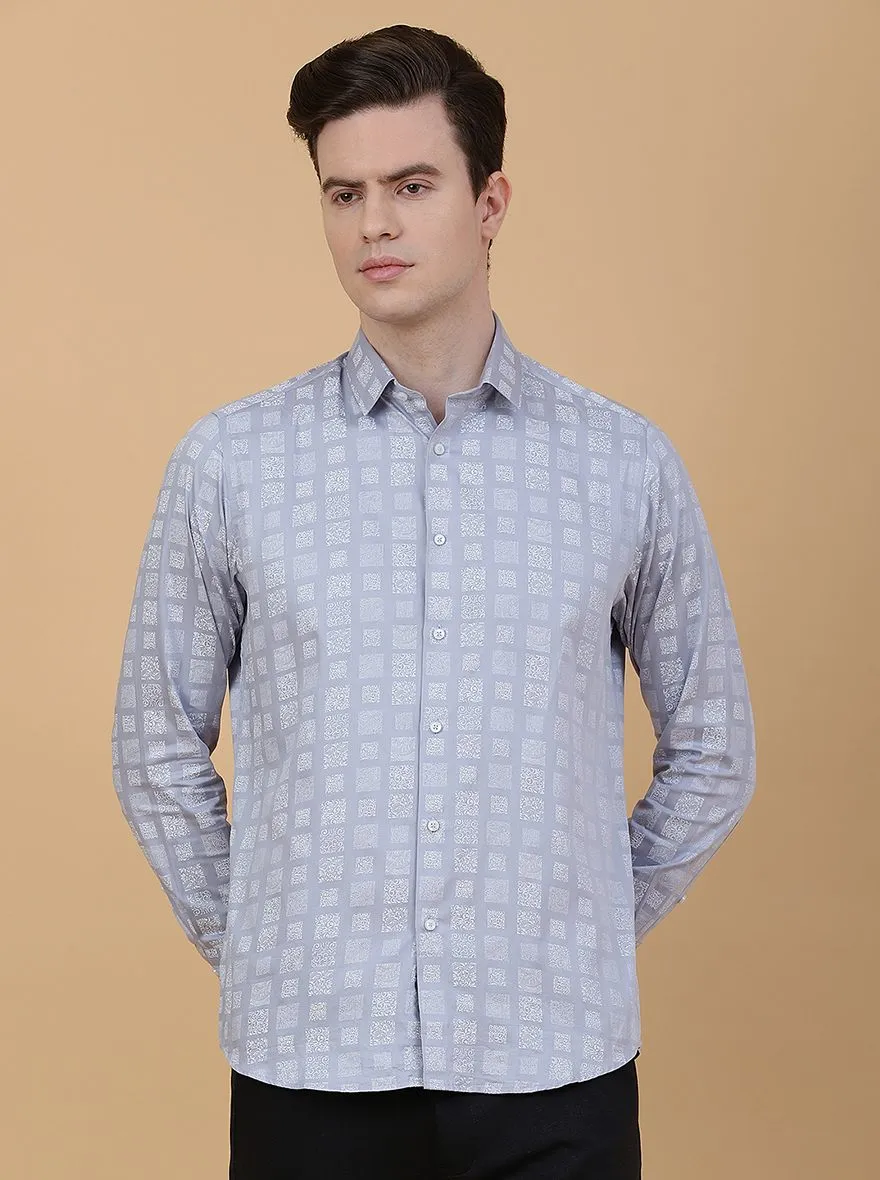 Light Blue Printed Slim Fit Party Wear Shirt | Greenfibre