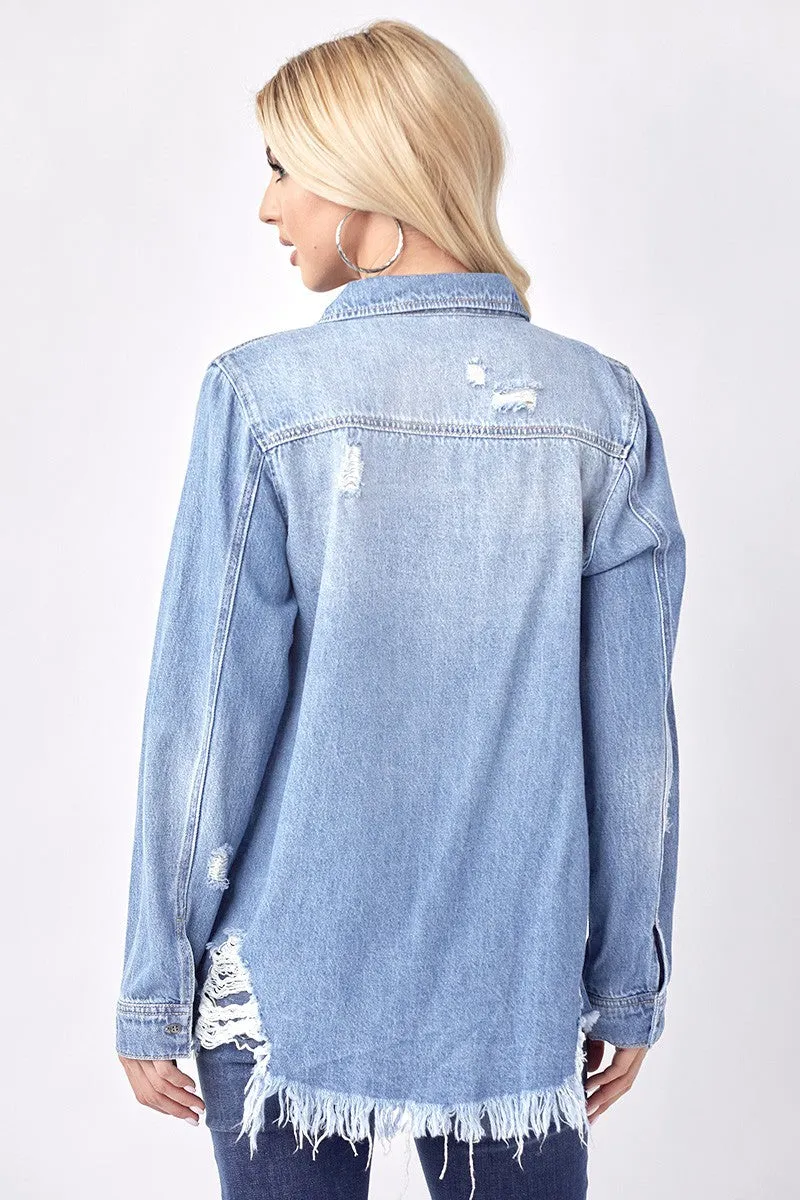 Light Wash Distressed Denim Button-Down Shirts | Risen
