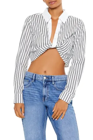 Long Sleeve Cropped Blouse - White/Black