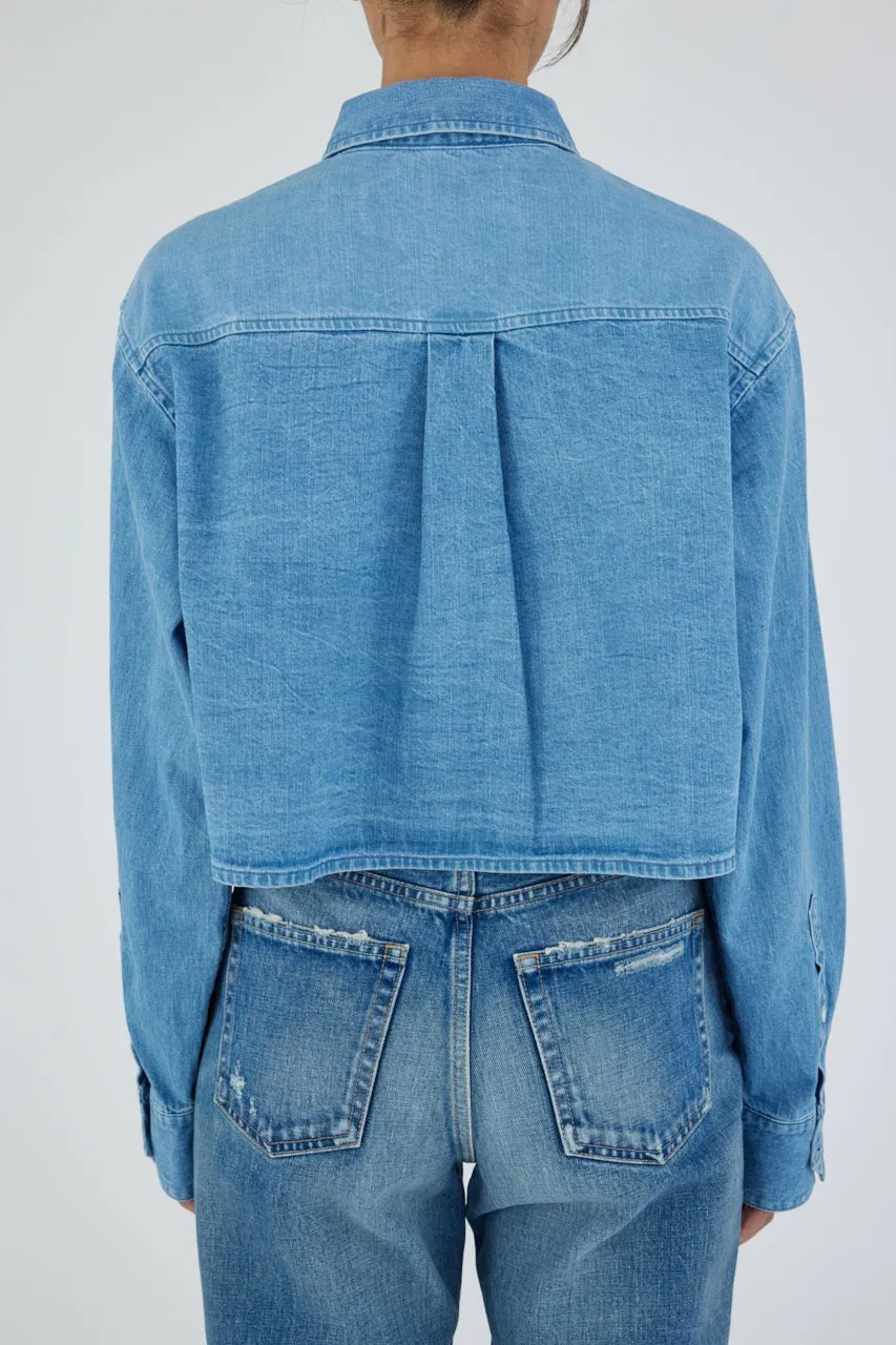 Moussy Vintage Lenfred Cropped Blocking Shirt in Light Blue