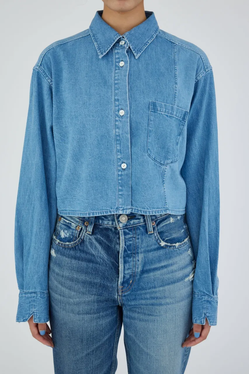 Moussy Vintage Lenfred Cropped Blocking Shirt in Light Blue