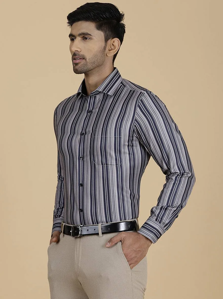 Navy Blue Striped Slim Fit Formal Shirt | Greenfibre